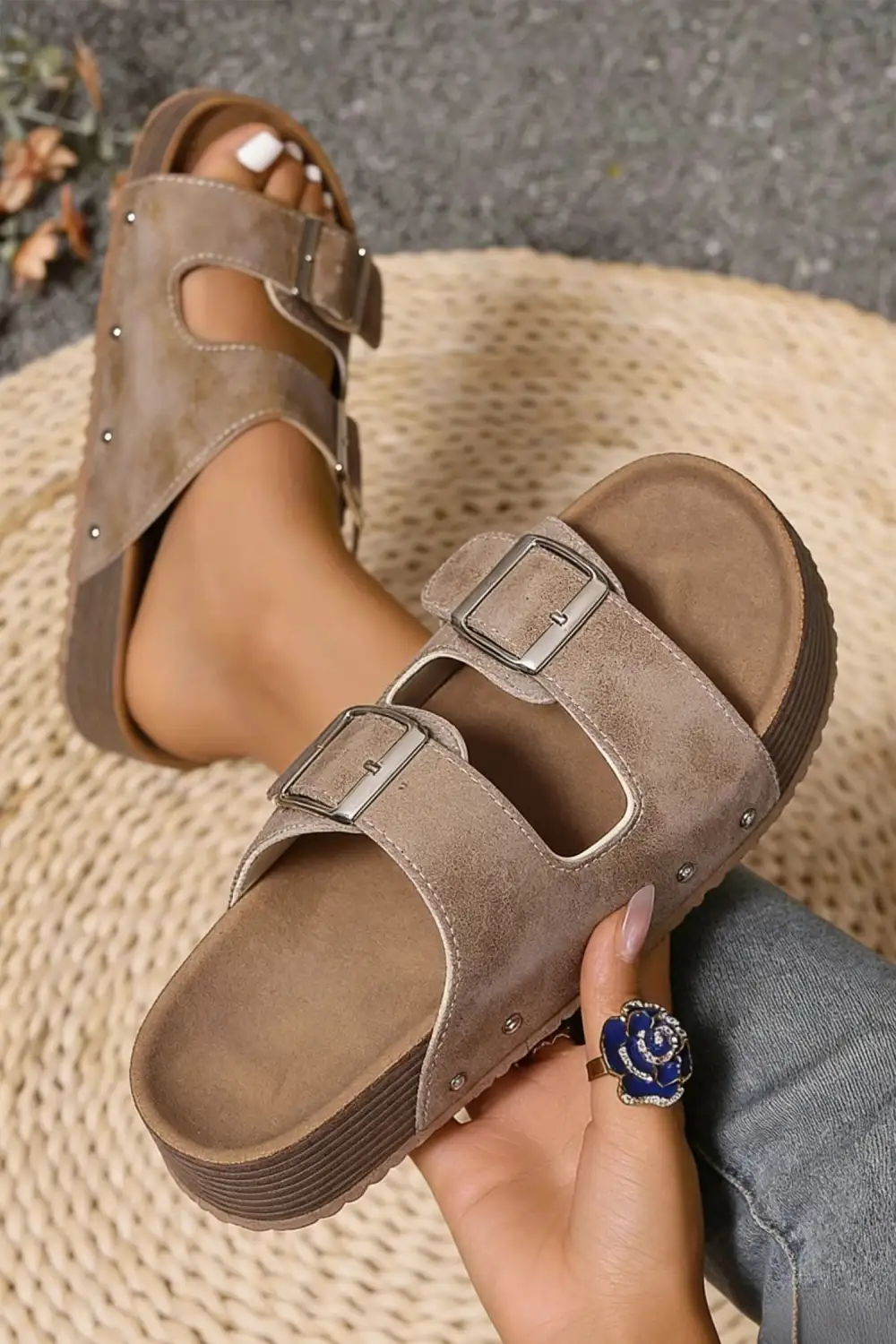 Faux Suede Leather Double Buckle Platform Sandals