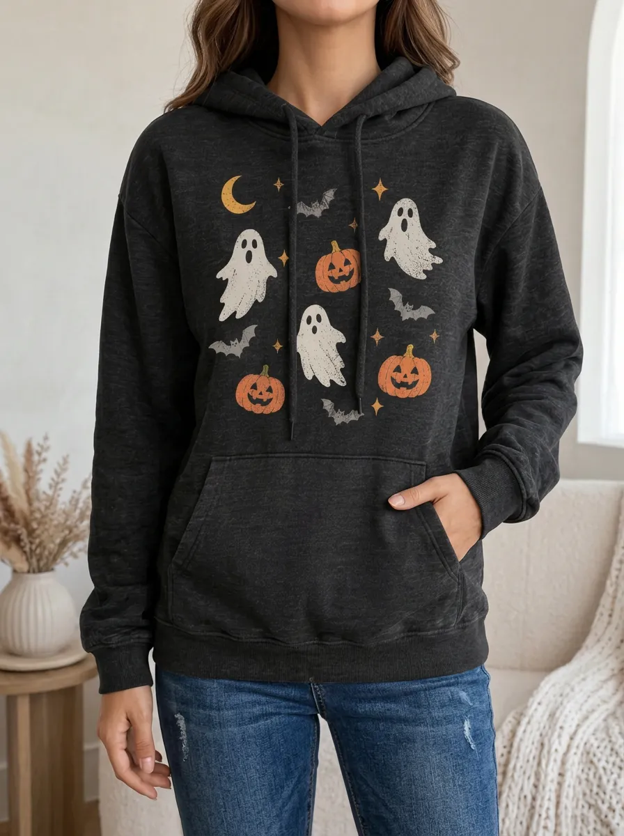 Women's Halloween Ghost Pumpkin Bat Ribbed Trim Graphic Hoodie