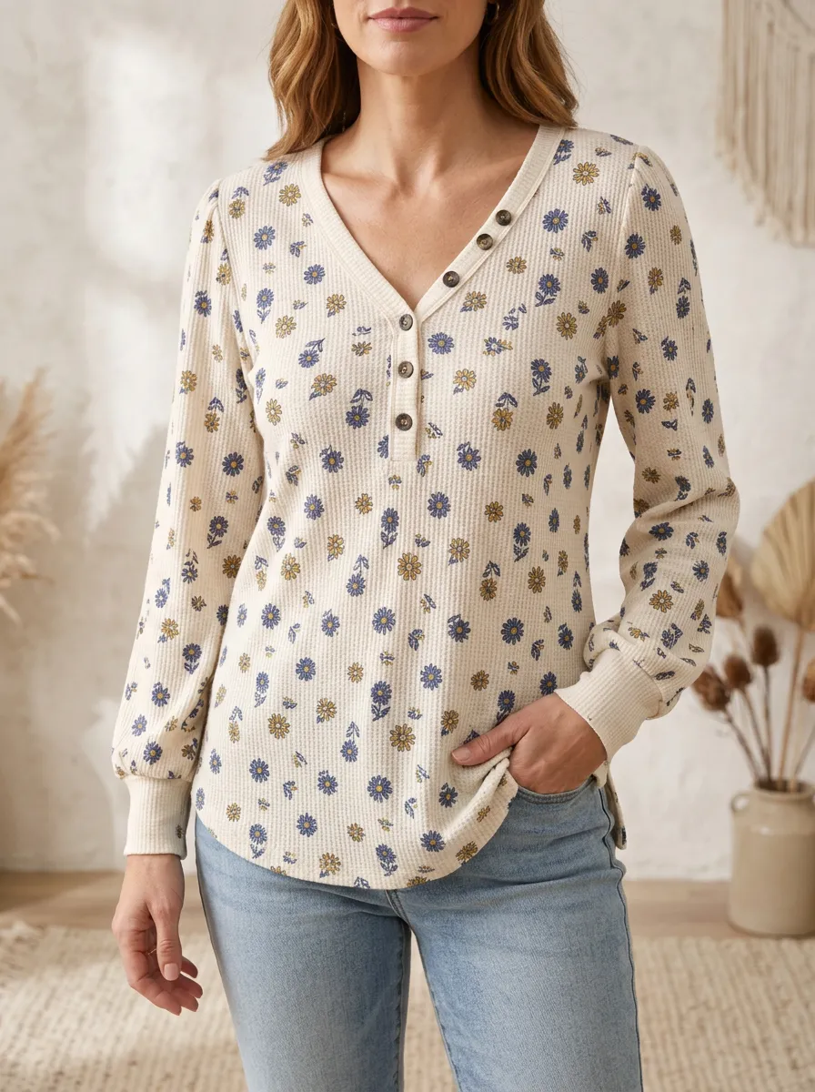 Women's Heritage Floral Pattern Waffle Knit Printed Top Button V-Neck T-Shirt