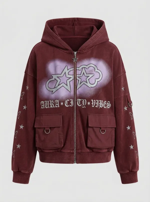 Unisex Streetwear Aura City Star Graphic Printed Zip-up Hoodie