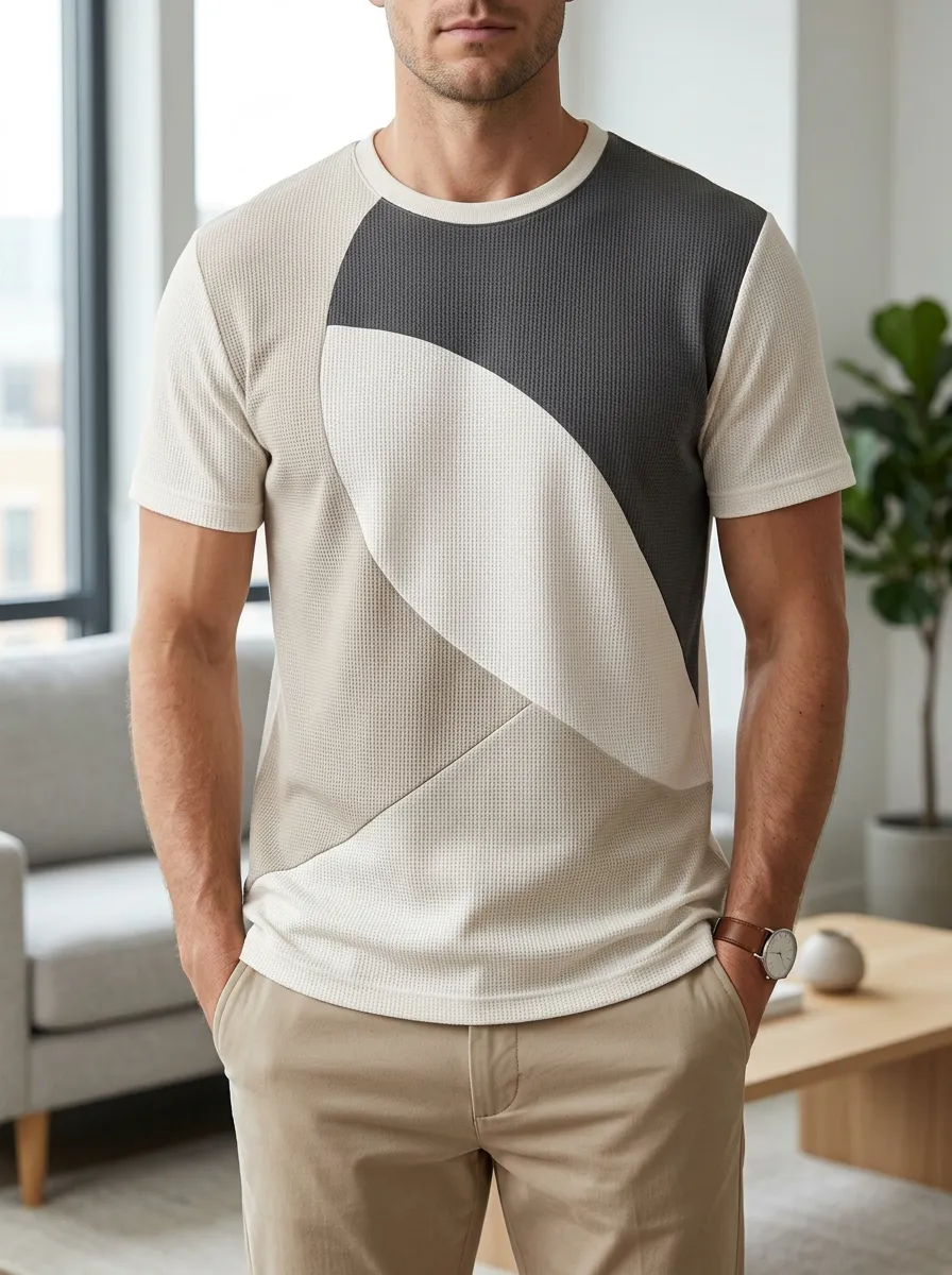 Men's Minimalist Geometric Colorblock Waffle Knit Crew Neck T-Shirt