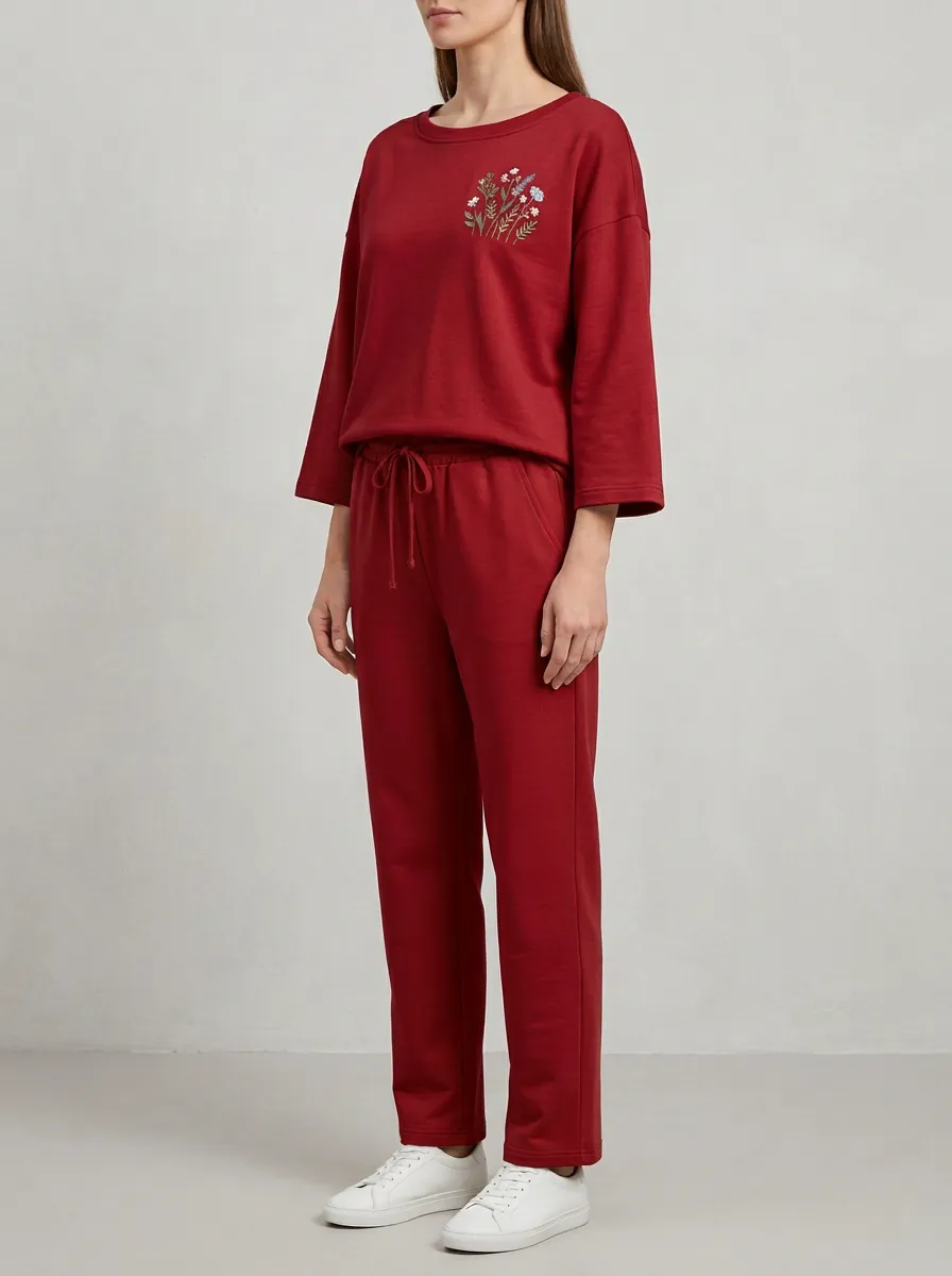 Women's Floral Embroidered Three-Quarter-Sleeve Crewneck Top And Drawstring Straight-Leg Trouser Lounge Set