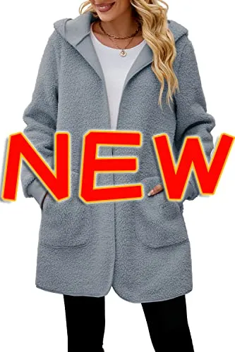 Womens Fuzzy Fleece Open Front Hooded Cardigan Jackets Sherpa Coat with Pockets