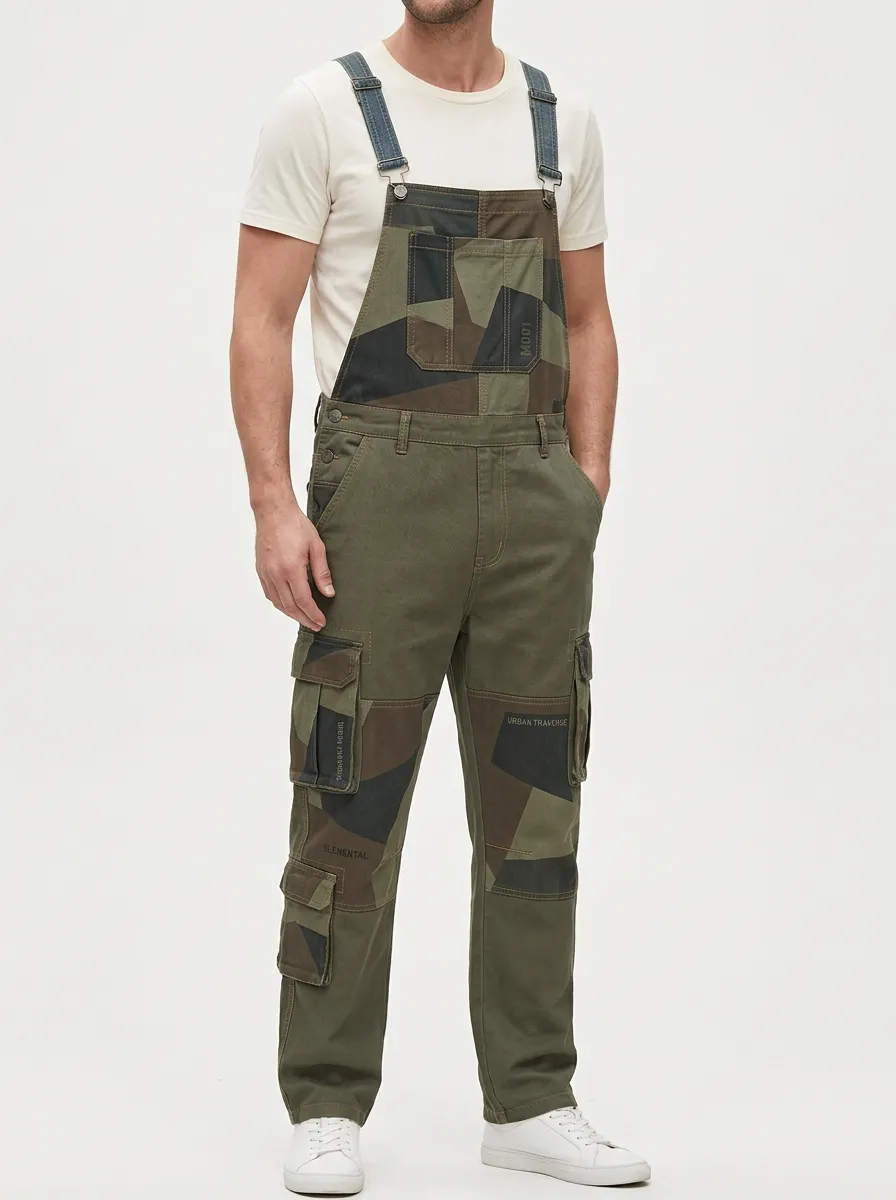 Camo Patchwork Cargo Bib Pocket Overalls