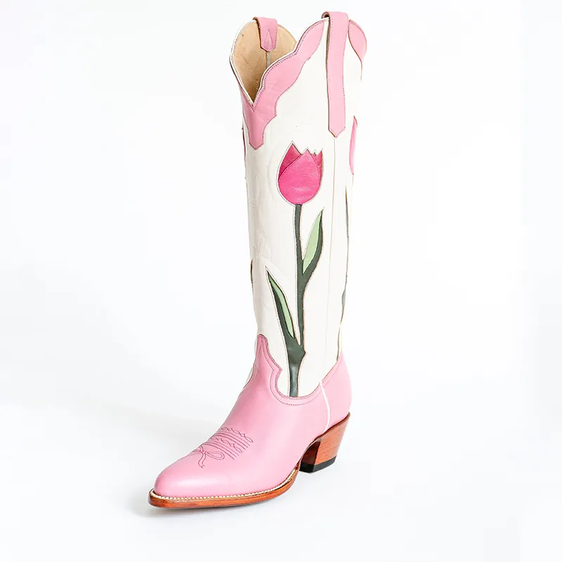 Faux-Leather Floral Patchwork Chunky-Heel Knee-High Boots
