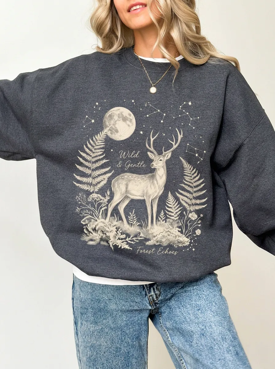 Women's Nature Deer Moon Fern Graphic Sweatshirt
