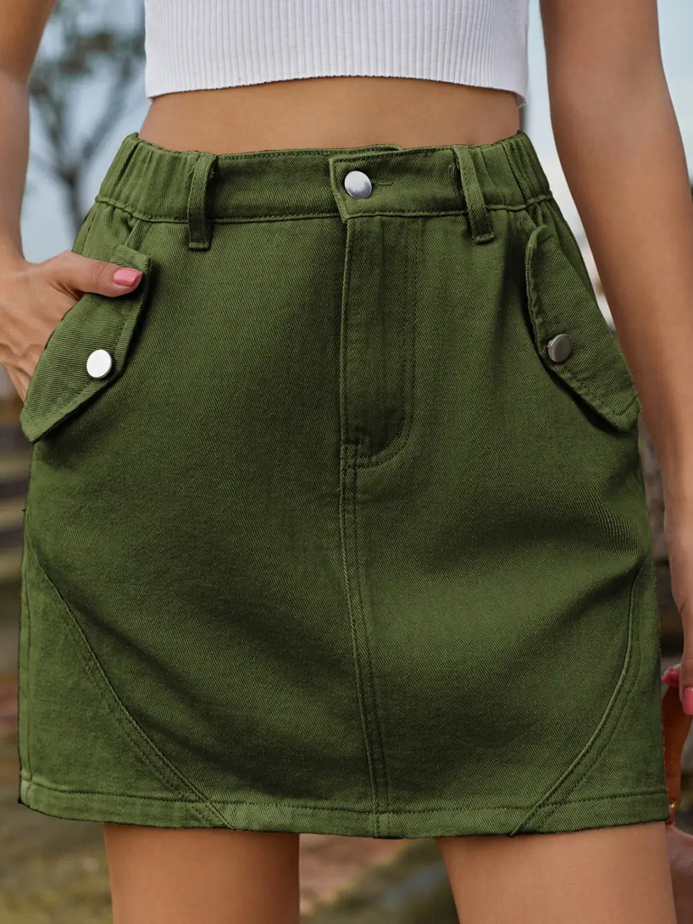 Tailored Button Front Denim Detail Skirt