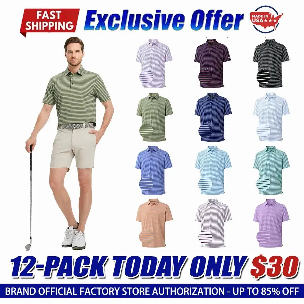 Men's Golf Striped Short Sleeve Polo Shirts Performance Comfortable Shirt