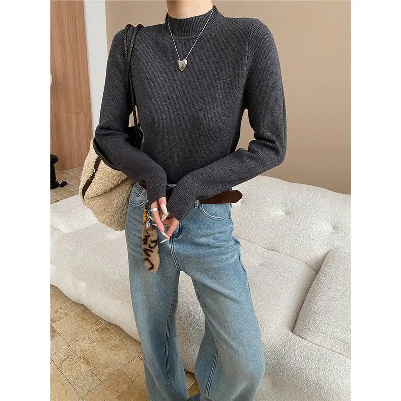 Textured Semi High Neck Knit Sweater