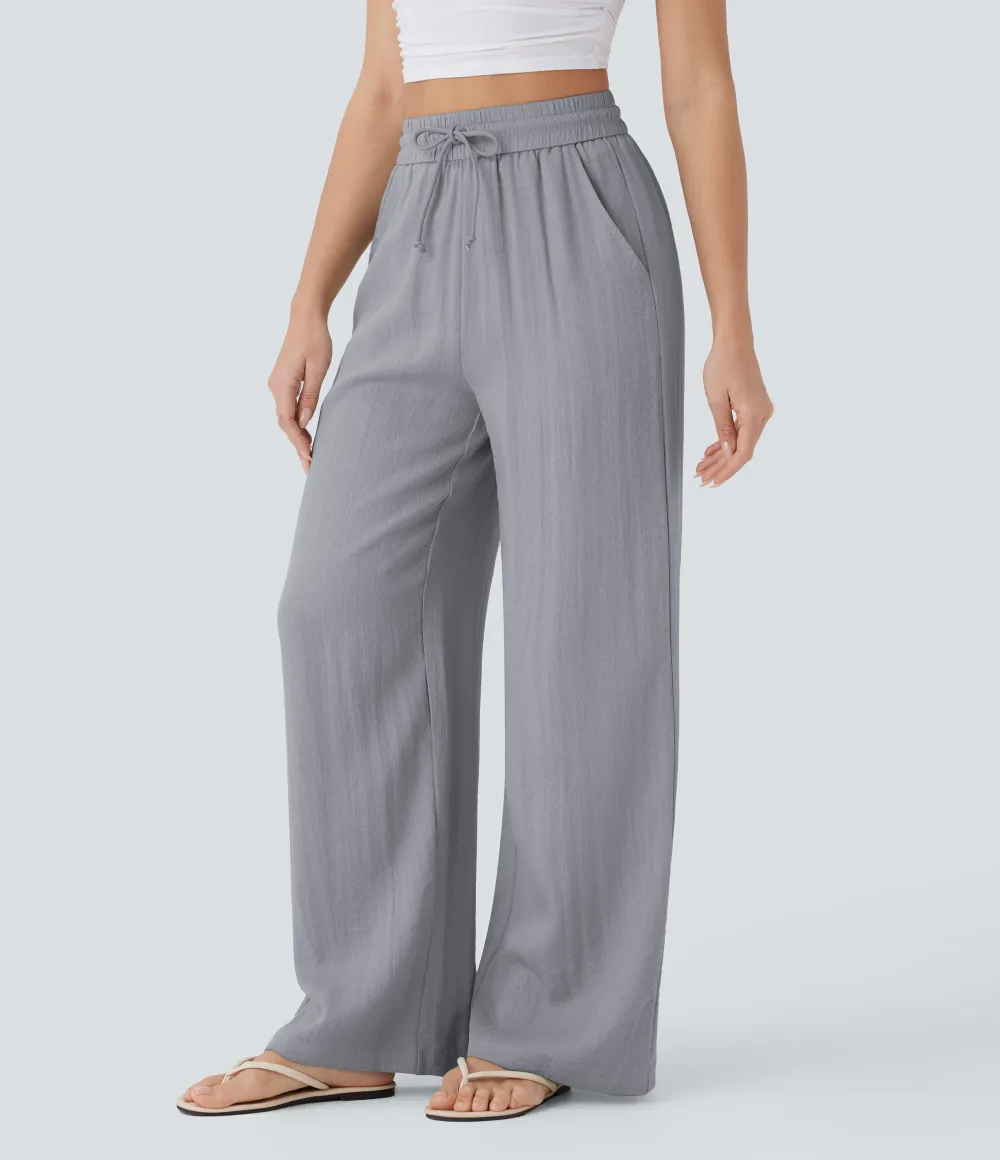 2026🔥  High Waisted Drawstring Pocket Wide Leg Casual Linen-Feel Pants