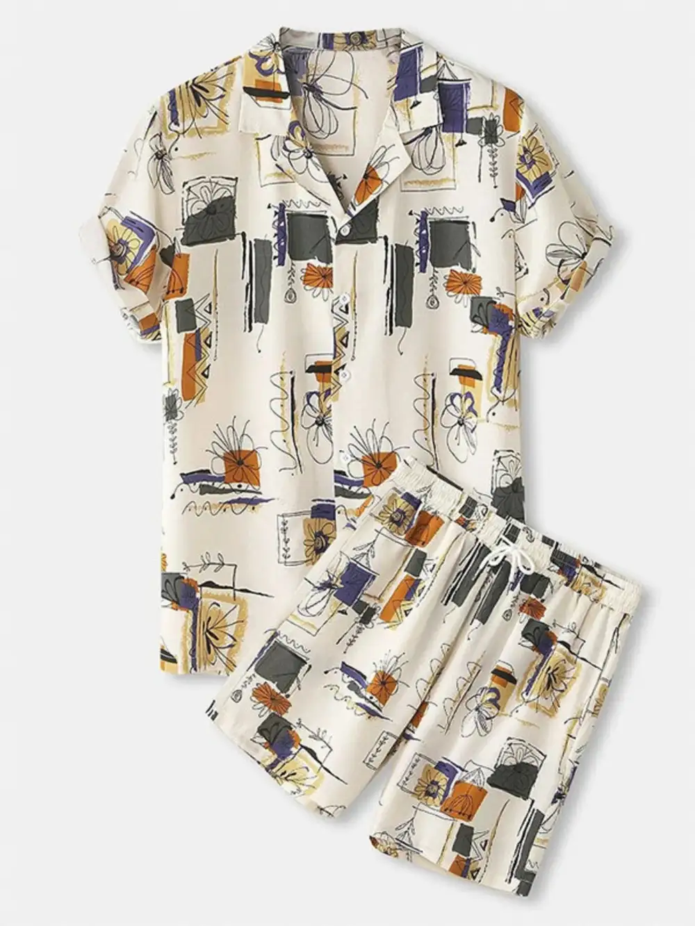 Button Up Printed Shirt And Shorts Set