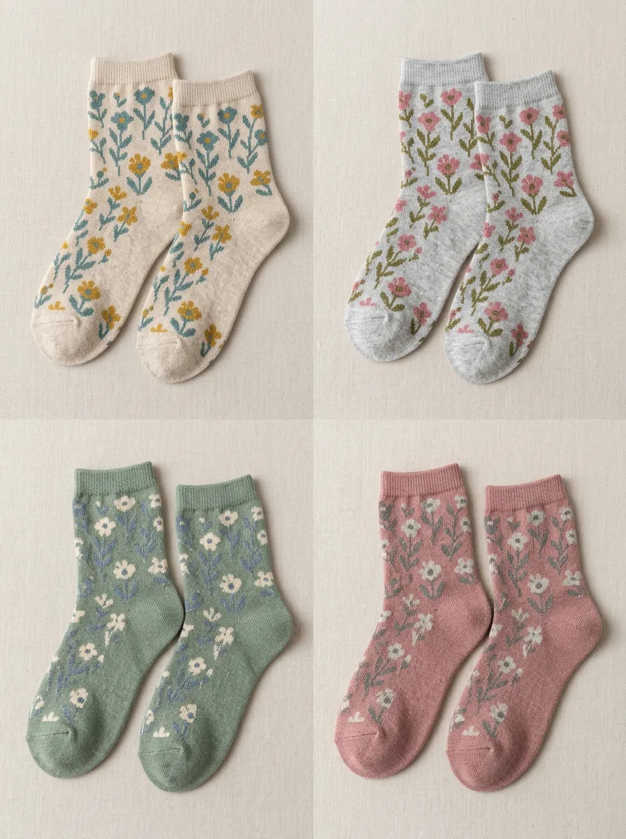 Women's Vintage Floral Ribbed Crew Socks Four Pair Set