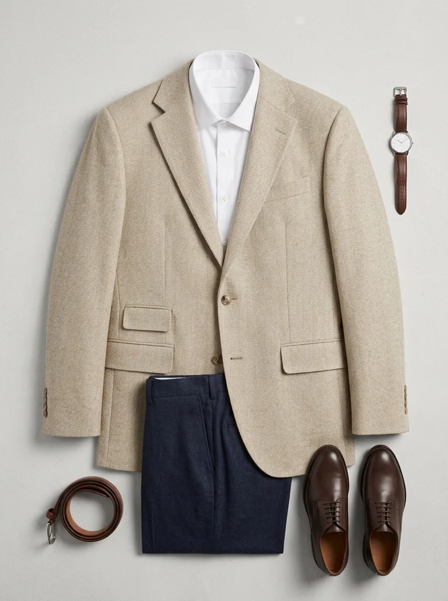 Notch-Lapel Two-Button Herringbone Textured Men's Tailored Blazer Jacket