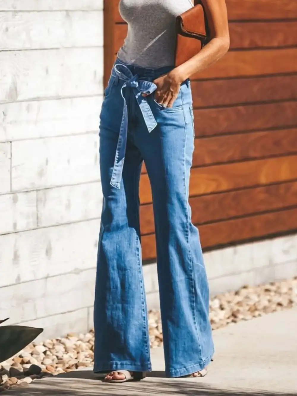 High Waisted Tie Front Flared Denim Jeans