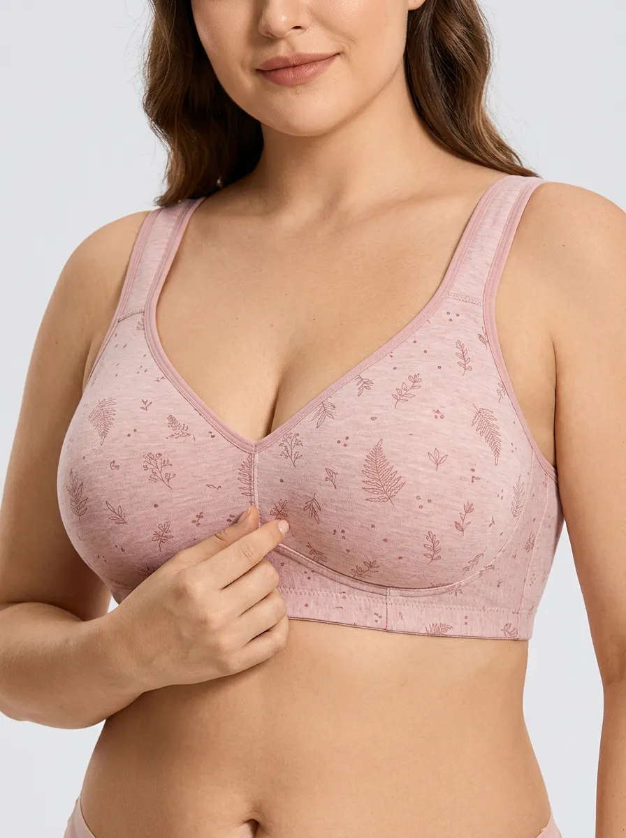 Women's Plus Size Dusty Rose Botanical Fern Full-Coverage V-Neck Wireless Bra