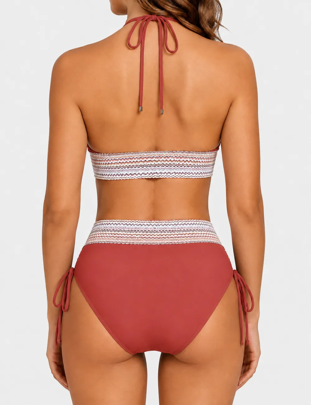 Deep V Neck Colorful Zigzag Smocked Trim Bikini Set