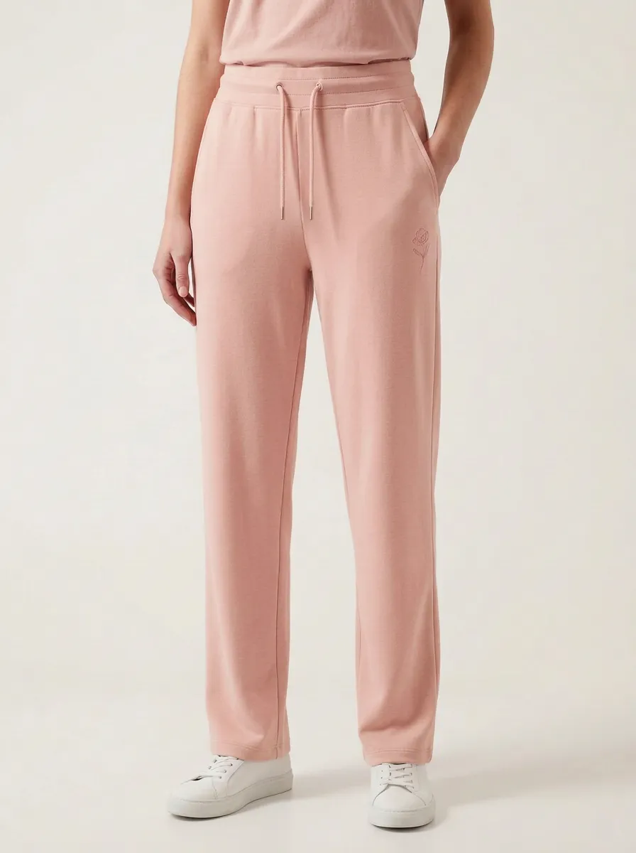 Women's Minimalist Beige Rose Embroidered Printed Sweatpants