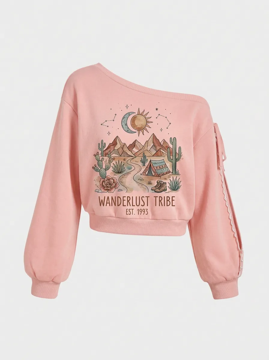 Women's Wanderlust Camping Desert Graphic Off-Shoulder Sweatshirt