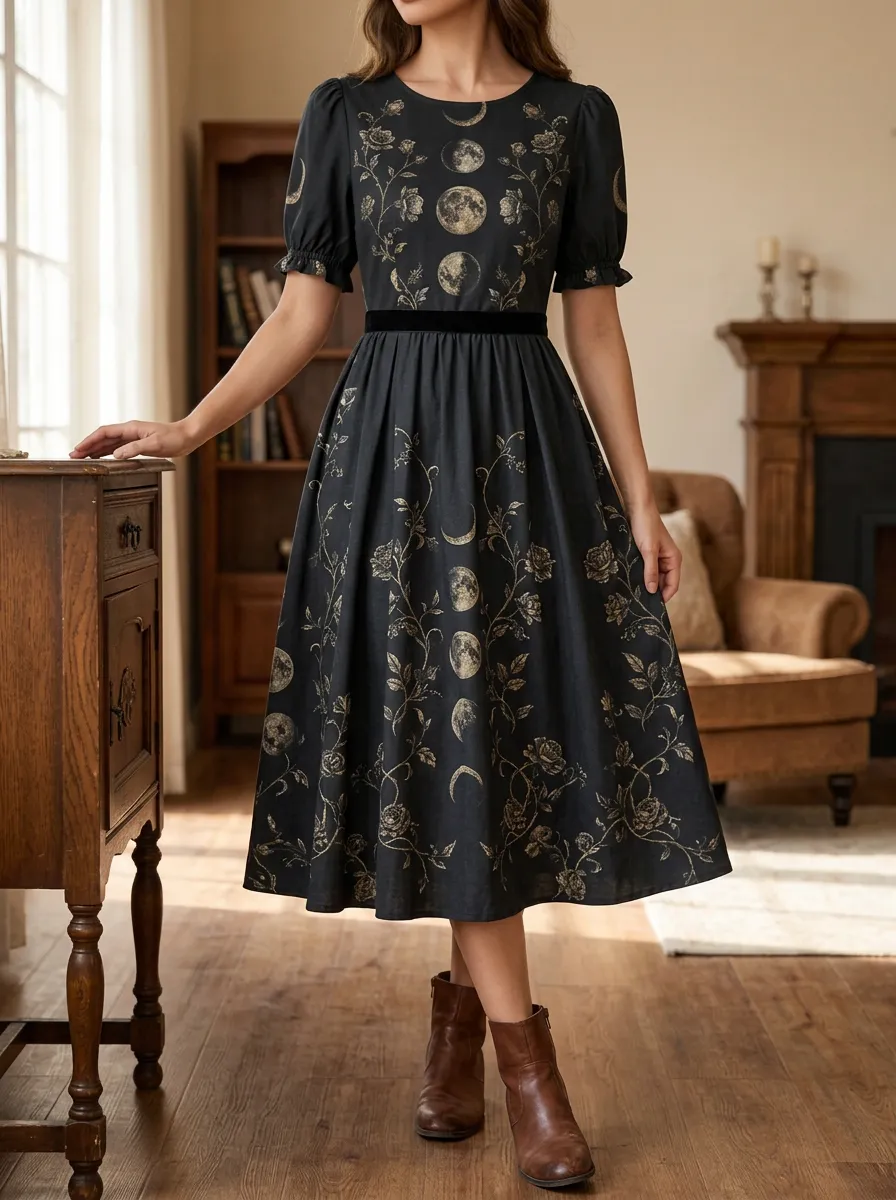 Women's Halloween Gothic Moon Rose Printed Midi Dress