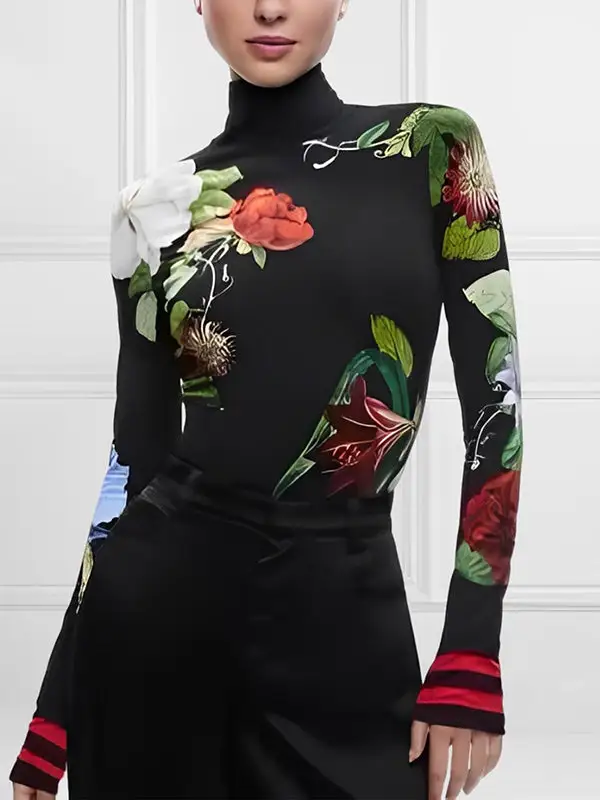 Long Sleeve Slim Fit Floral Print Panel Detail High Neck Everyday T-Shirt