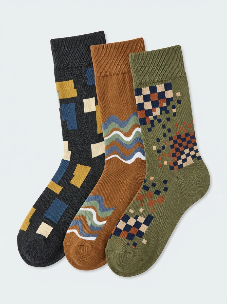 Men's Geometric Abstract Pattern Printed Three-Pack Socks Ribbed Cuff
