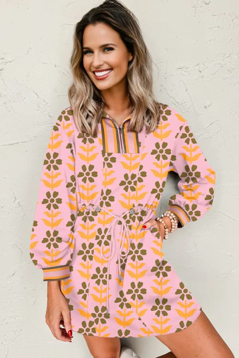 Floral Striped Zip Front Dress Casual
