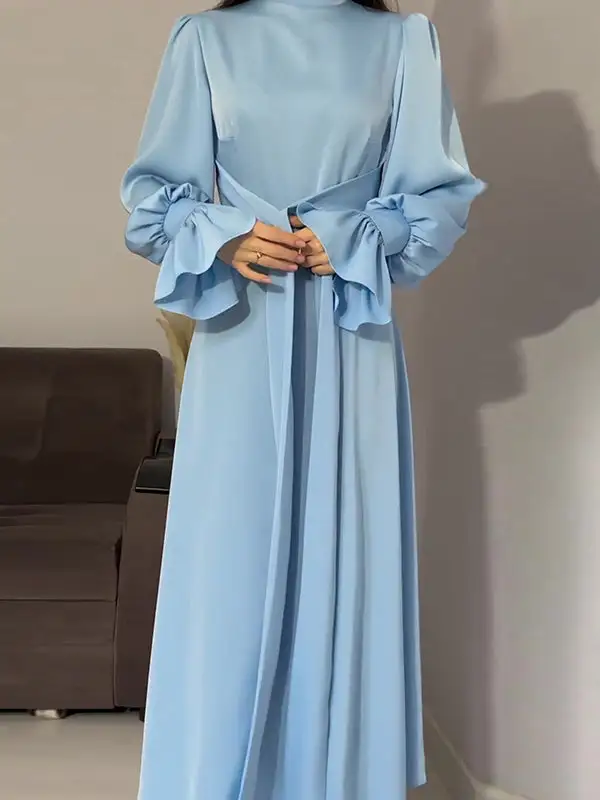 Sleeves Color Pleated Long Neck Maxi Dress