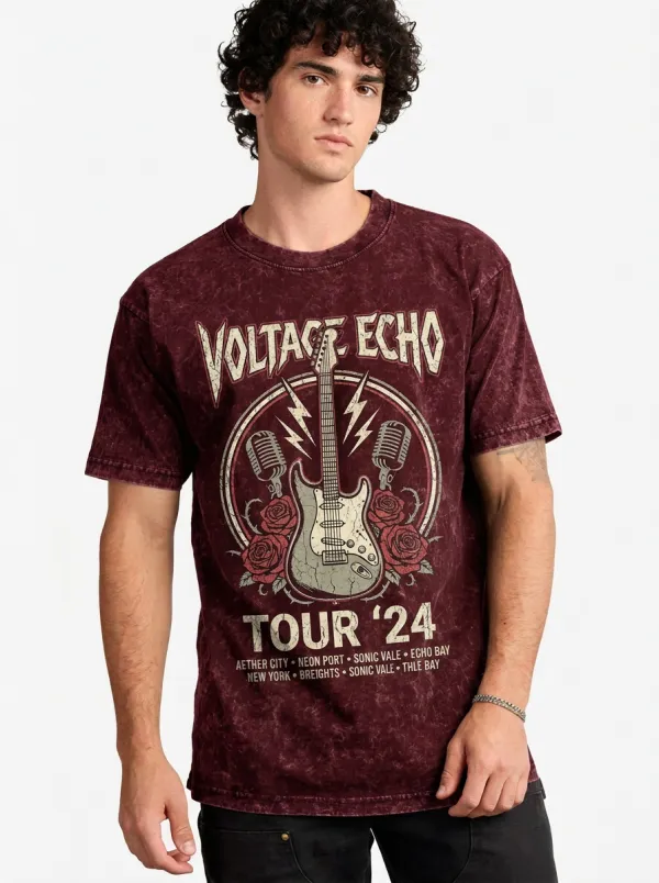 Men's Rock Band Guitar Rose Printed Mineral Wash T-shirt