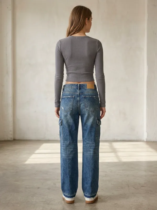 Women's Classic Cargo Pocket Denim Baggy Jeans