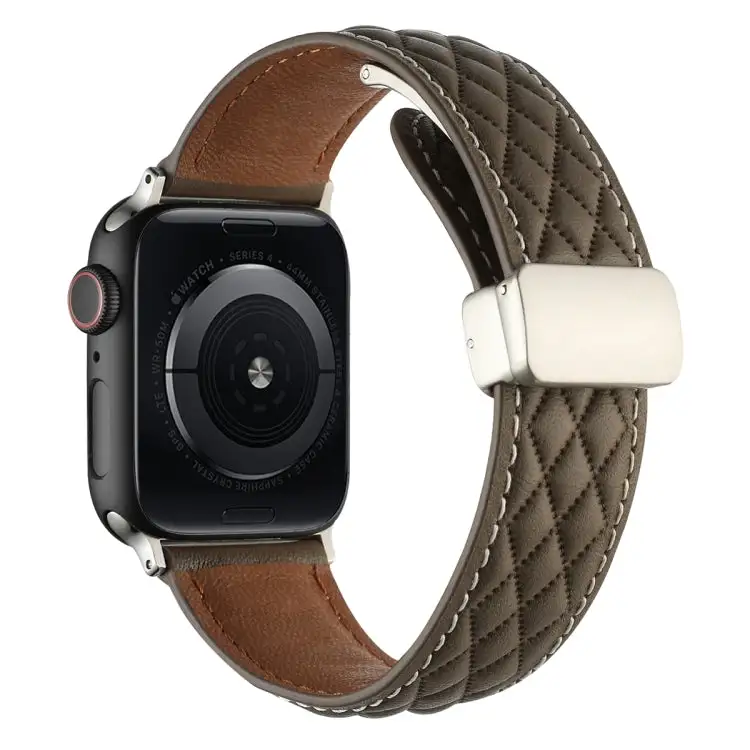 Rhombus Pattern Magnetic Folding Buckle Leather Watch Band for Watch SE 2022 44 mm - Brown