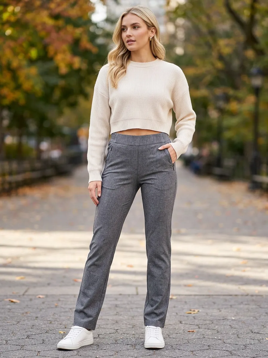 Women's Casual Grey Slim Fit Zipper Pocket Trousers