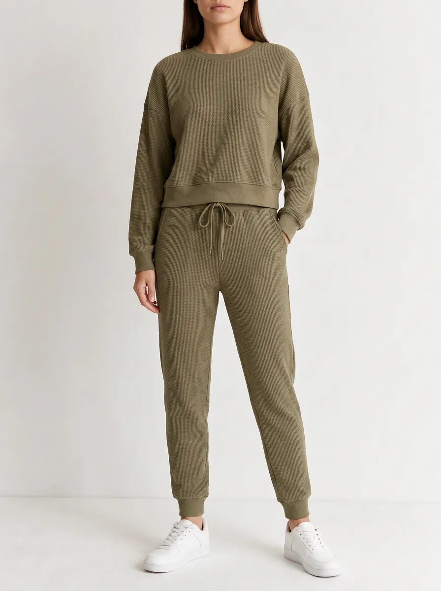 Unisex Olive Green Waffle Knit Solid Crewneck Top