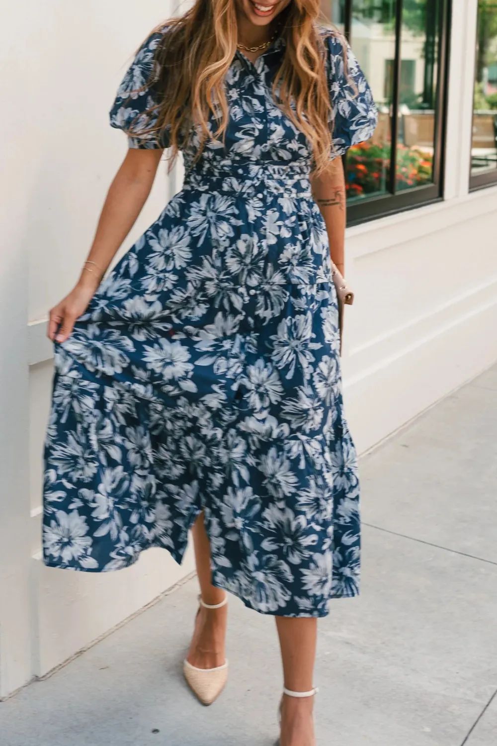 Casual Floral Lapel Midi Dress
