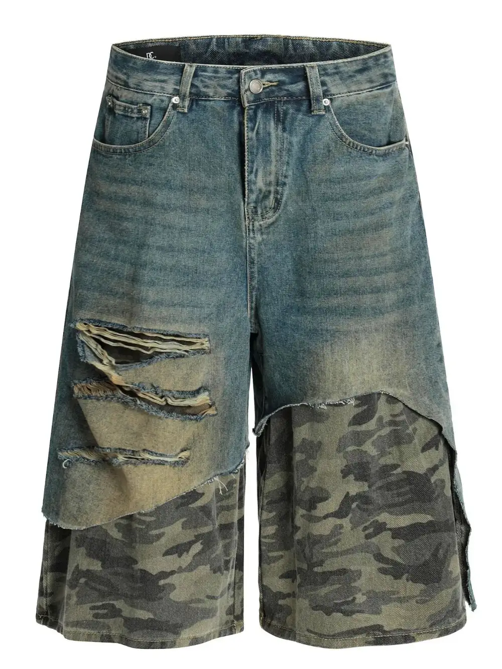 Camo Patchwork Distressed Pocket Detail Washed Denim Shorts