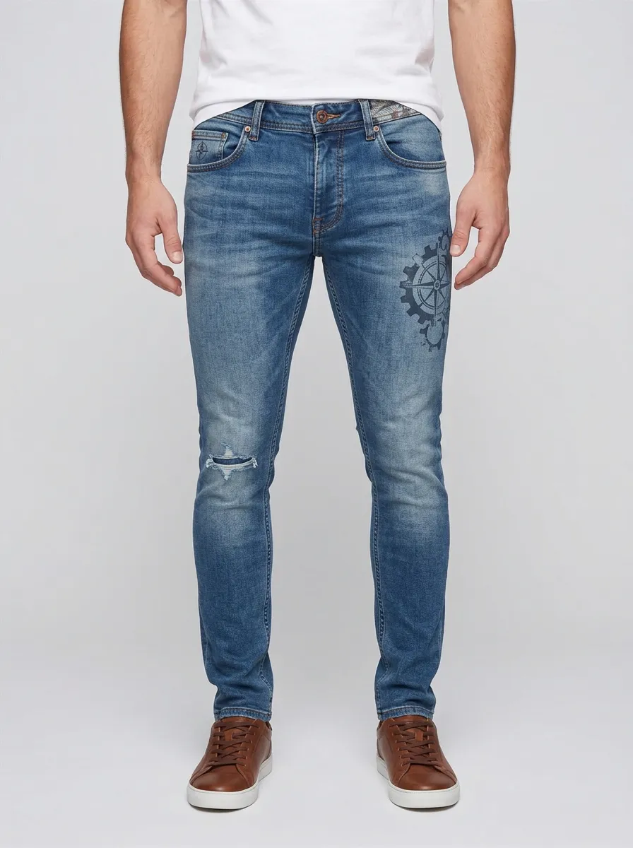 Men's Steampunk Compass Gear Printed Slim-Fit Jeans