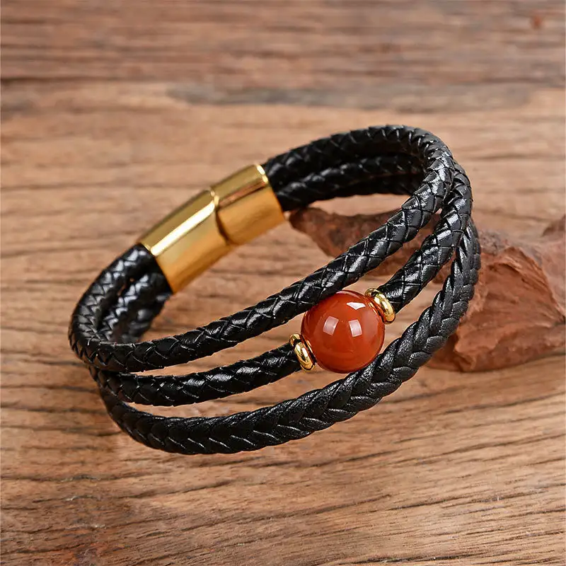 Bead Tiger Eye Amethyst Craved Leather Bracelet