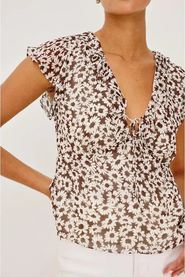 Brown Floral Print Ruffle Sleeve V-Neck Top