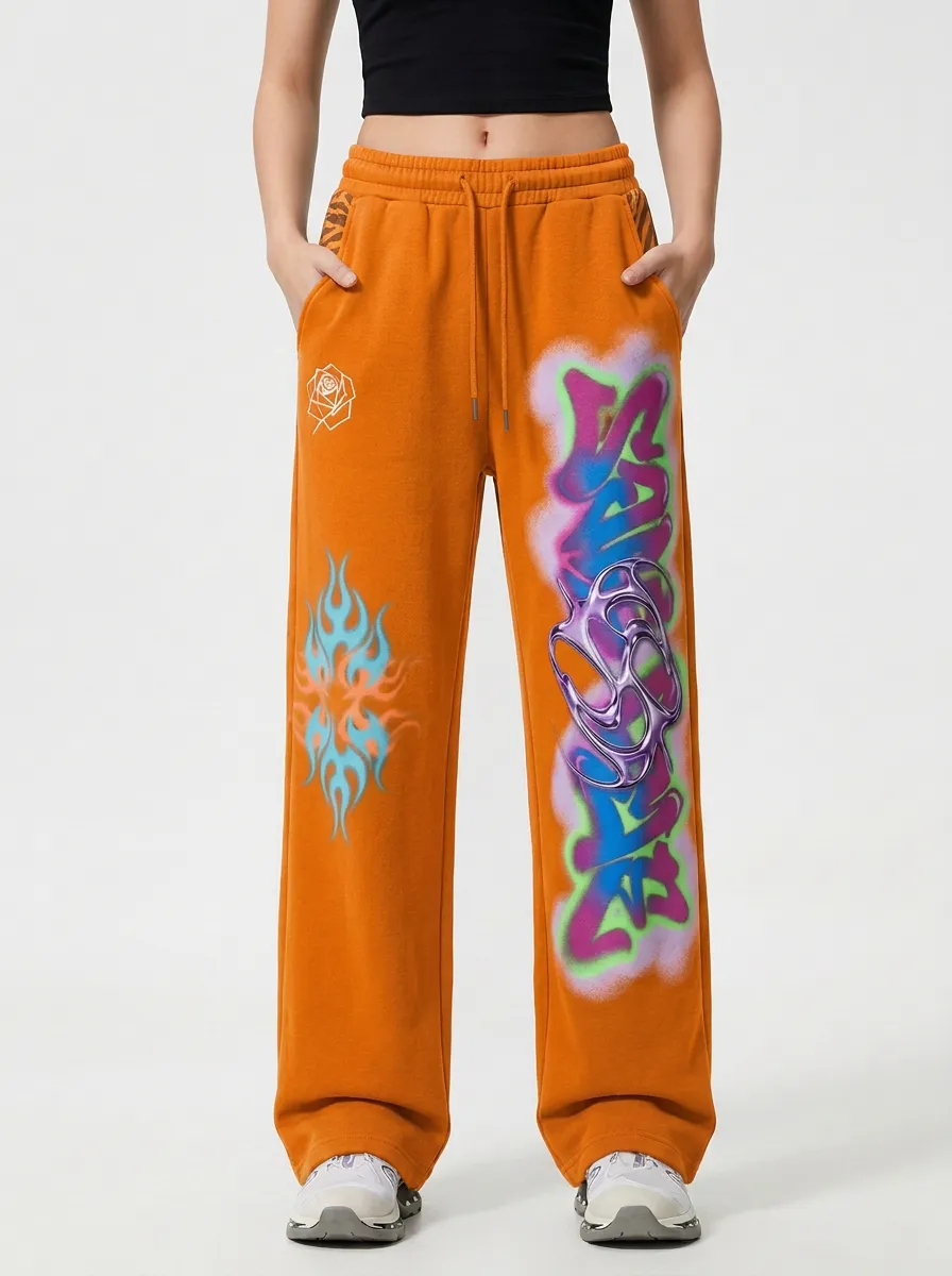 Unisex Streetwear Graffiti Rose Flame Sweatpants