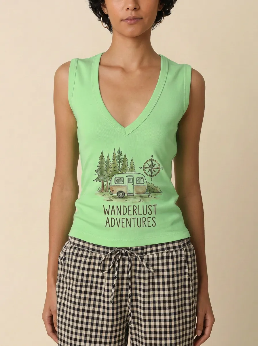 Women's Camping Lover Wanderlust Camper Printed V-neck Tank Top