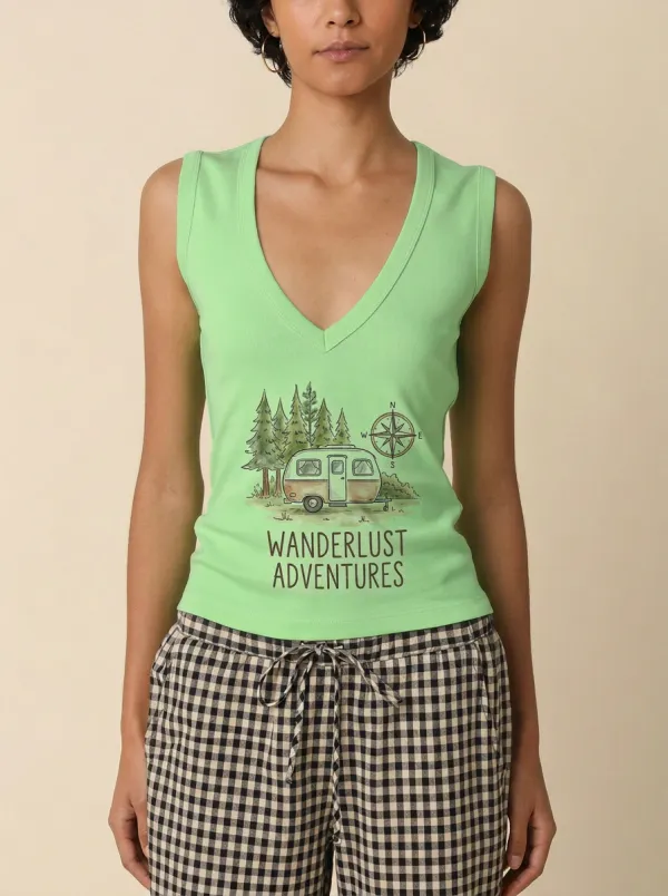Women's Camping Lover Wanderlust Camper Printed V-neck Tank Top