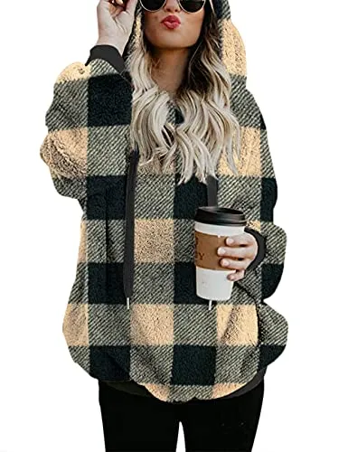 Women Casual Double Fuzzy Sweatshirt Faux Fleece Zip Pullover Hoodies Coat Outwear S-XXL