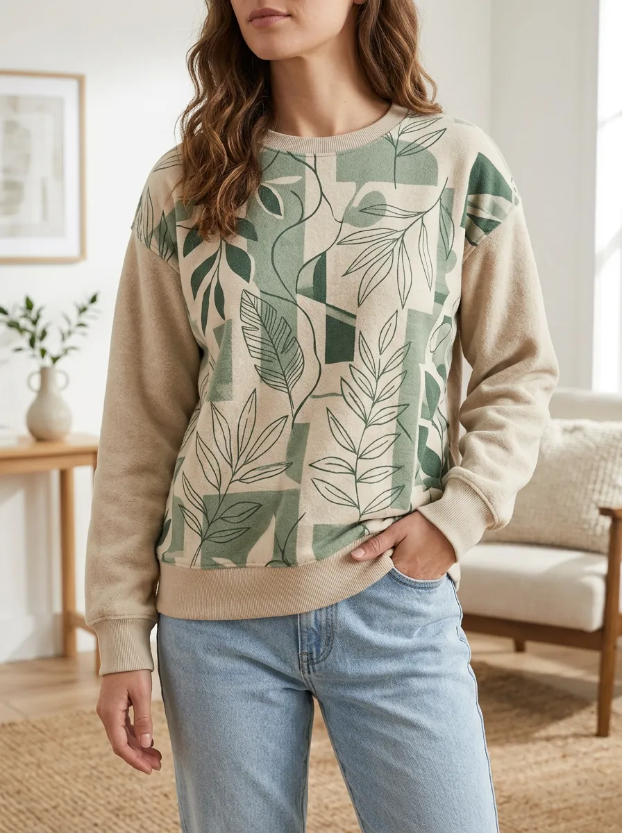 Women's Botanical Geometric Leaf Printed Fleece Sweatshirt