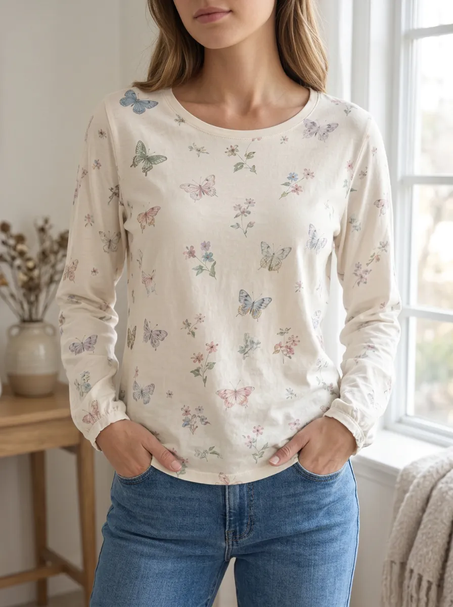 Women's Sweet Casual Sweet Style Butterfly and Floral Printed Long Sleeve T-shirt