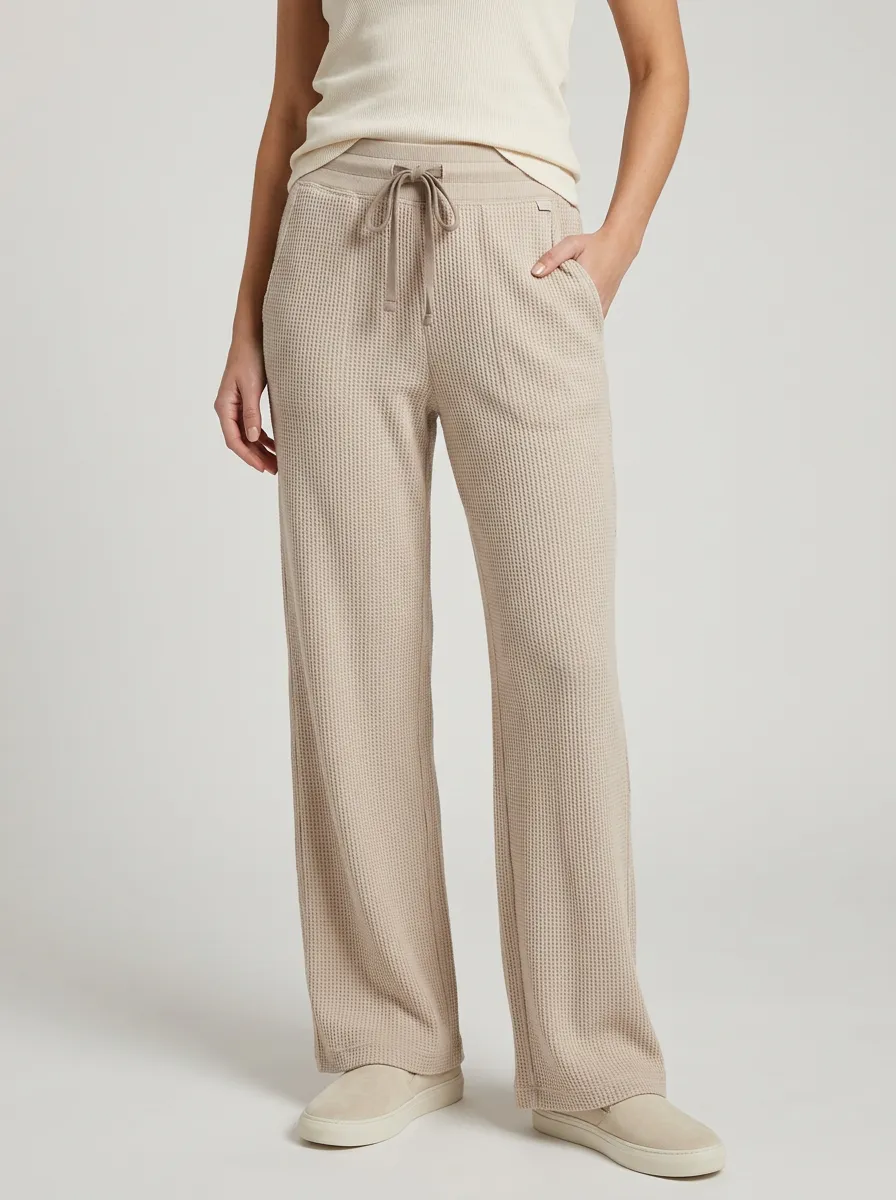 Women's Casual Lounge Waffle Knit Drawstring Wide Leg Pants