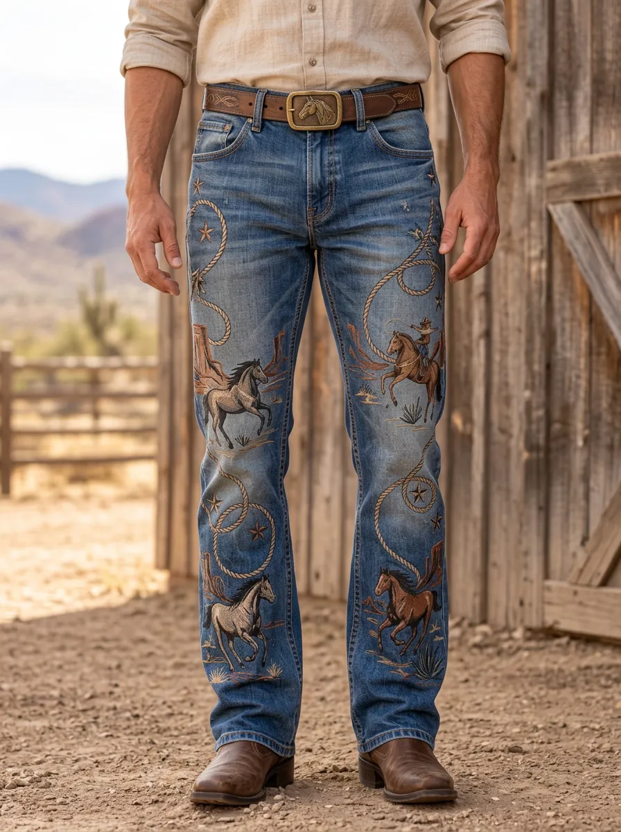 Men's Classic Western Cowboy Horse Lasso Jeans
