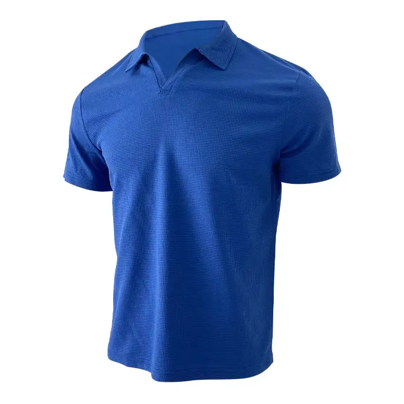 Waffle Texture Open V Neck Short Sleeve Jersey Polo Shirt