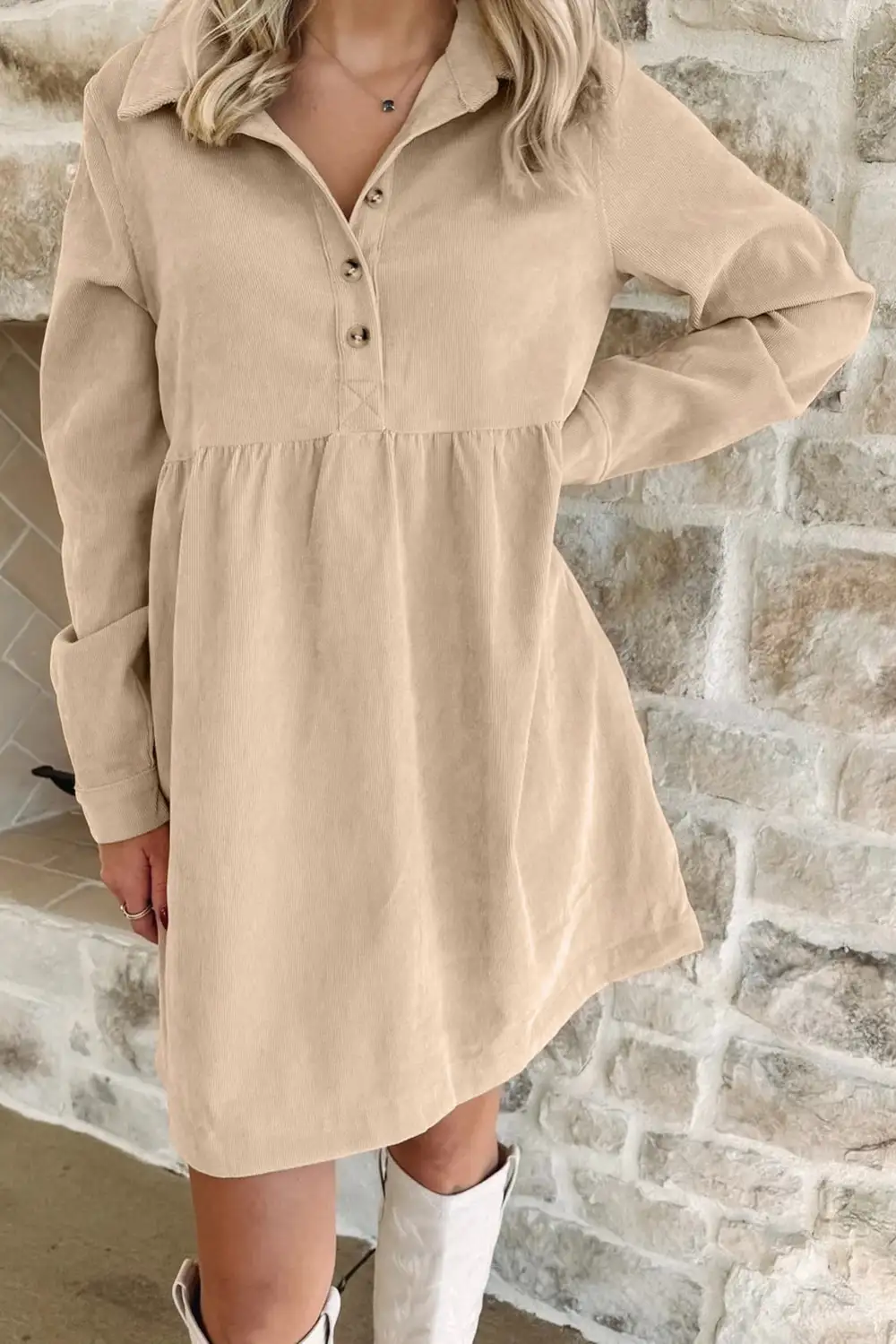 Low Key Button Front Collared Long Sleeve Mini Dress