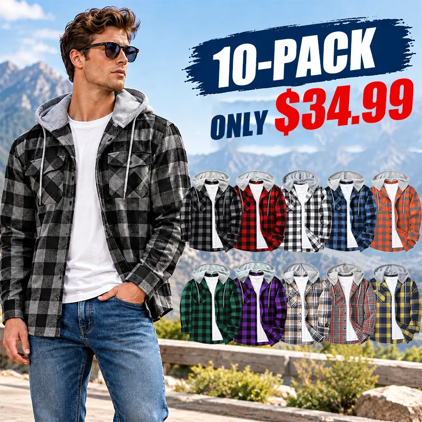 Men's Plus-Size Plaid Flannel Hooded Long-Sleeve Shirt Jacket