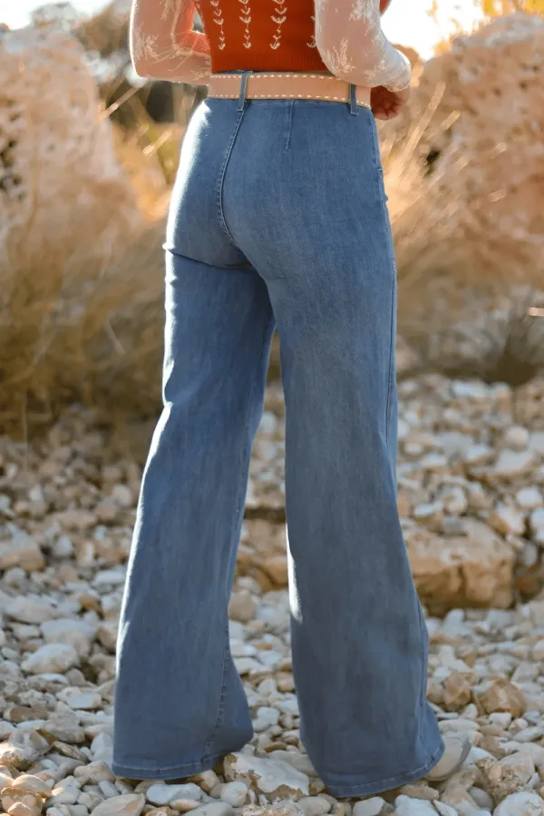 High Waist Wide Leg Pocketed Casual Jeans
