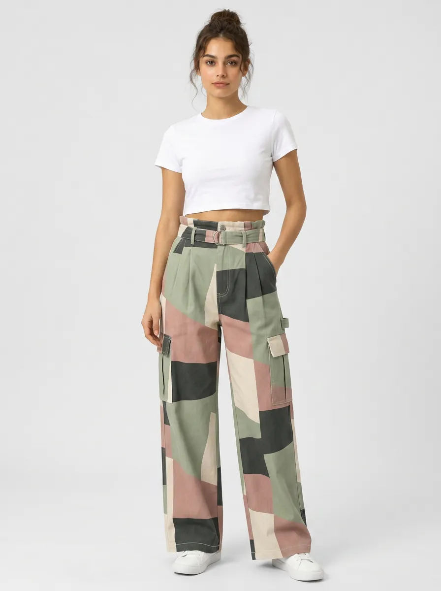 Patchwork High Waist Cargo Pants